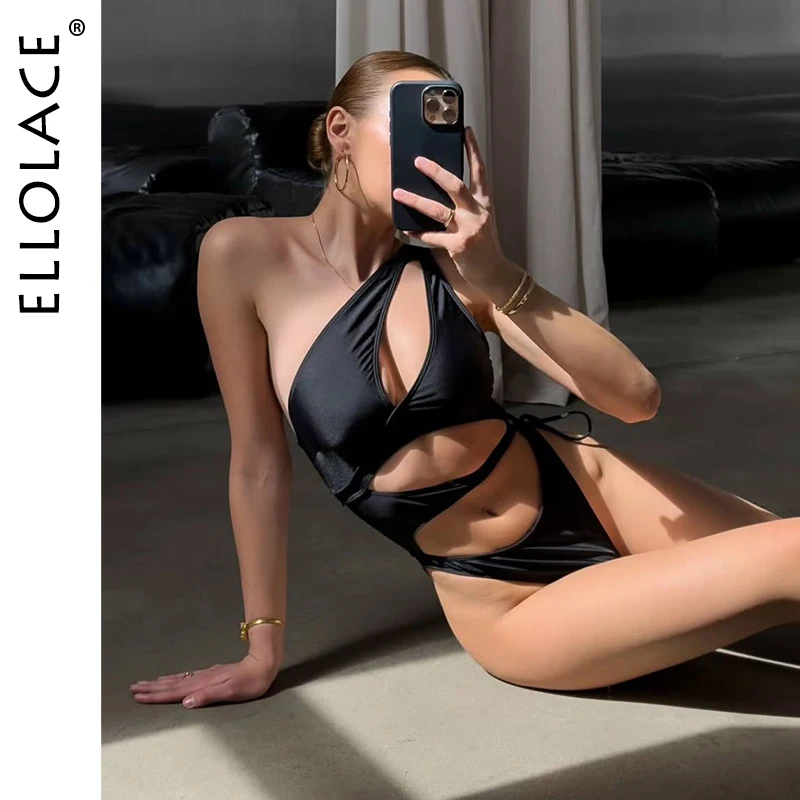 

Ellolace Sexy Women's Swimsuit 2025 Tempting One Shoulder Hollow Beachwear Pure Slim Push Up One Piece Swim Bodysuit