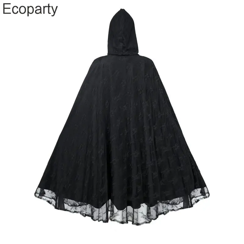 Halloween Medieval Costumes Men Women Retro Black Lace Patchwork Gothic Hooded Cloak Carnival Wizard Witch Cosplay Long Robes