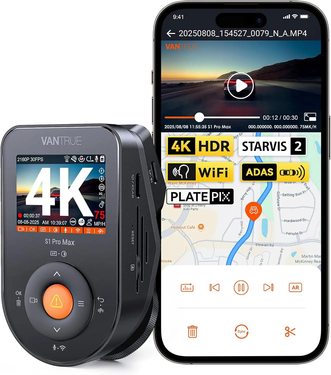 Vantrue S1 Pro Max 4K DashCam Front STARVIS 2 DashCam for Cars HDR PlatePix Night Vision 5G WiFi ADAS GPS 24H Parking Mode