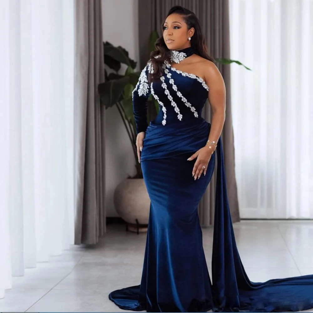 

Customized Navy Blue Evening Dresses One Shoulder Crystal Formal Gown Single Sleeve Velvet Meet Gala Dress