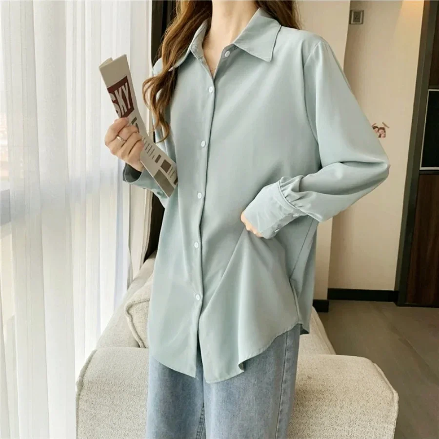 Women Chiffon White Shirts Korean Fashion Solid Loose Long Sleeve Tops Office Ladies Elegant Casual All Match Blouses Spring New