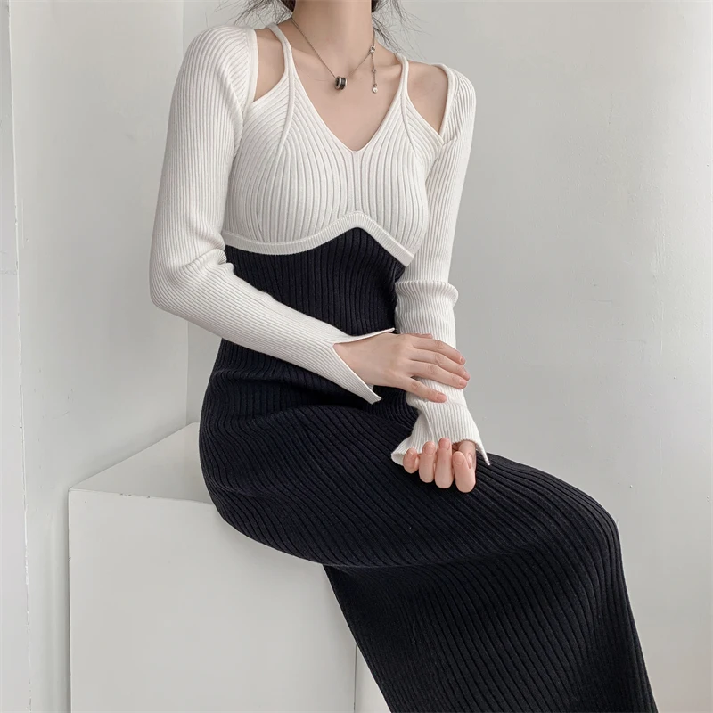 

Women Vintage Long Sleeve Knitted Patchwork Dresses 2023 New Autumn Winter Slim French V Neck Fashion Elegant Chic Dresses