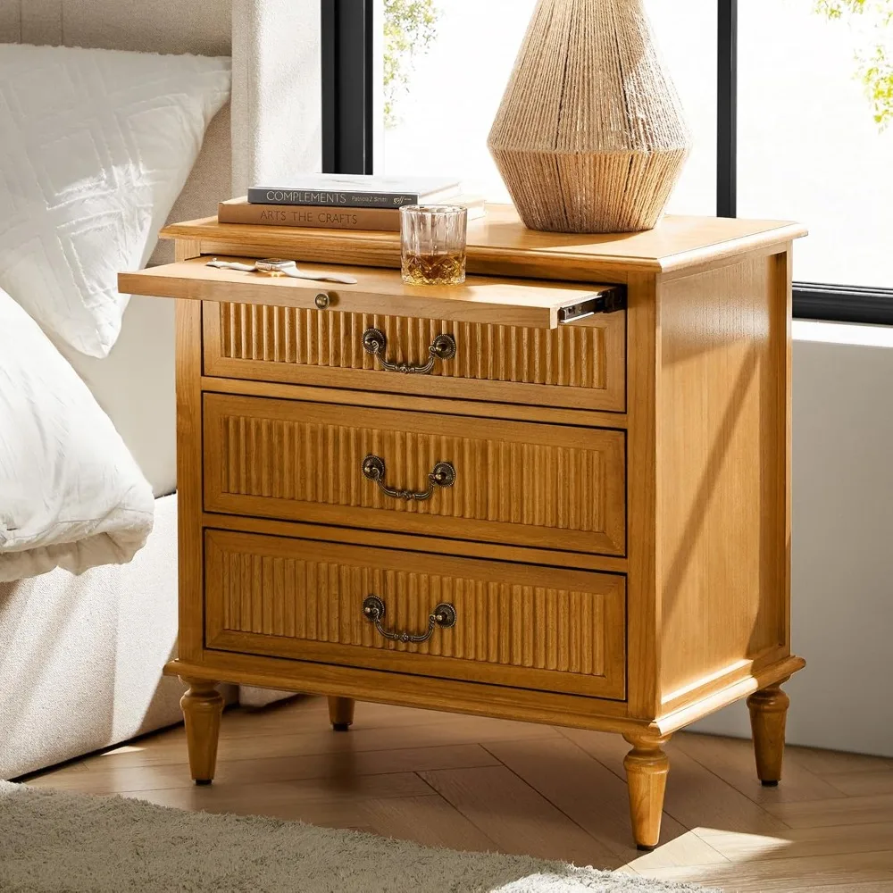 

Transitional Nightstand with Pull-Out Tray, 3 Drawers Bedside Table with Spindle Legs, Nightstand Built-in Charging Station