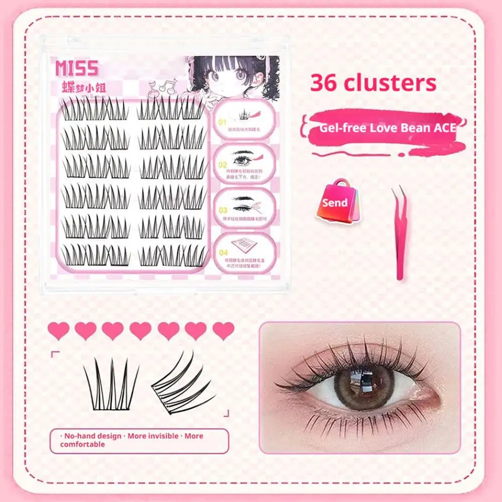 3D Self Adhesive Eyelashes 36 PCS Reusable Adhesive Eyelashes Pre-Glued Cluster Lashes C Curl No Glue Eyelashes 10-16mm Tool