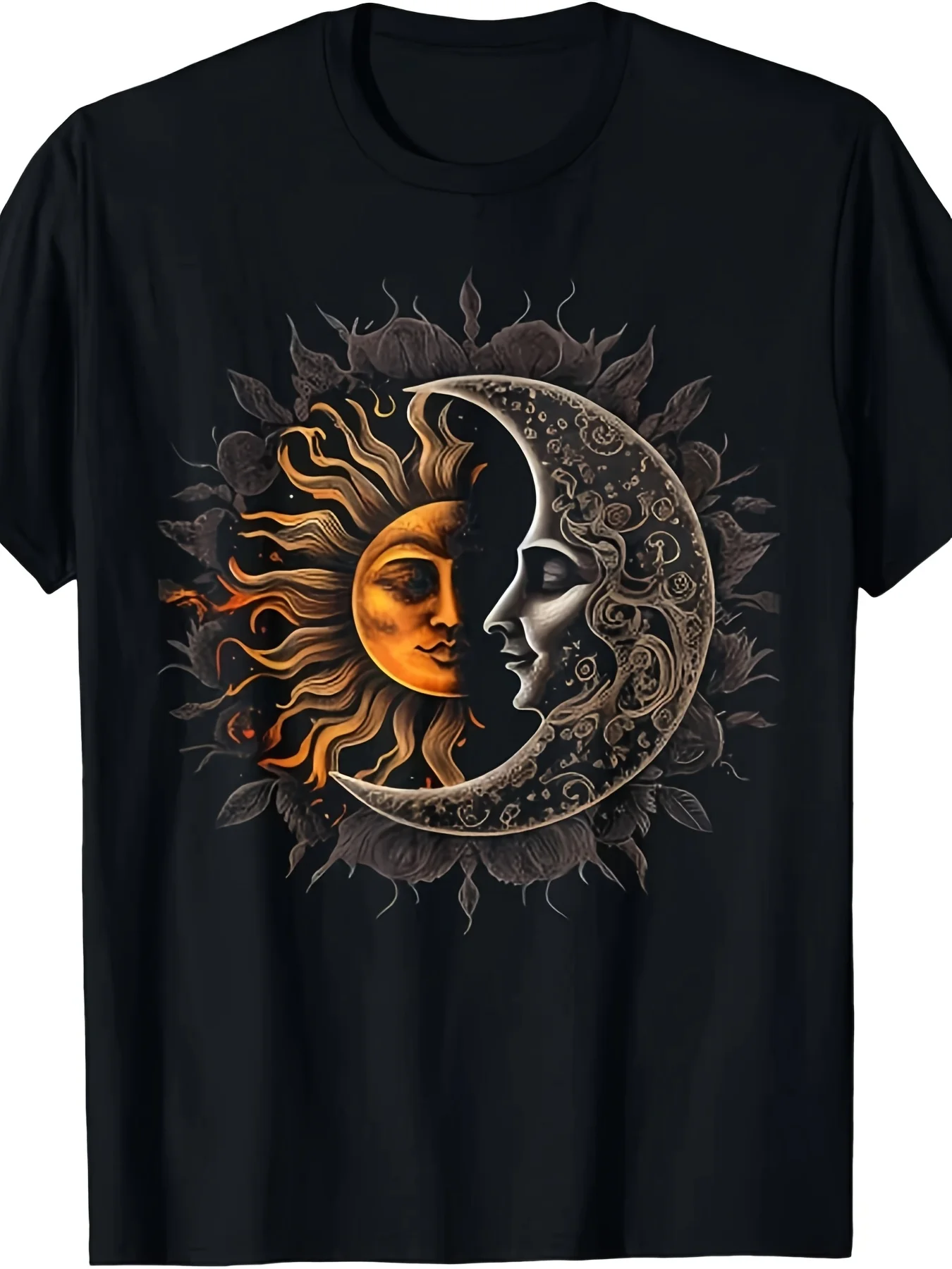 Men's & Women's Sun Moon Stars Astronomy T-Shirt - Pure Short Sleeve Tee with Sun & Moon Phase Graphic, Round Neck Casual Shirt for Year-Round Wear, Machine Washable 220G