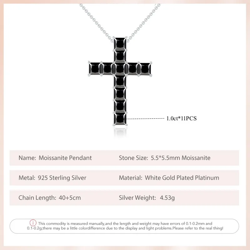 Follow Cloud 5.5mm Total 11.0ct Cross Pendant Black Moissanite Necklace for Women Sterling Silver 925 Sparking Diamond with GRA