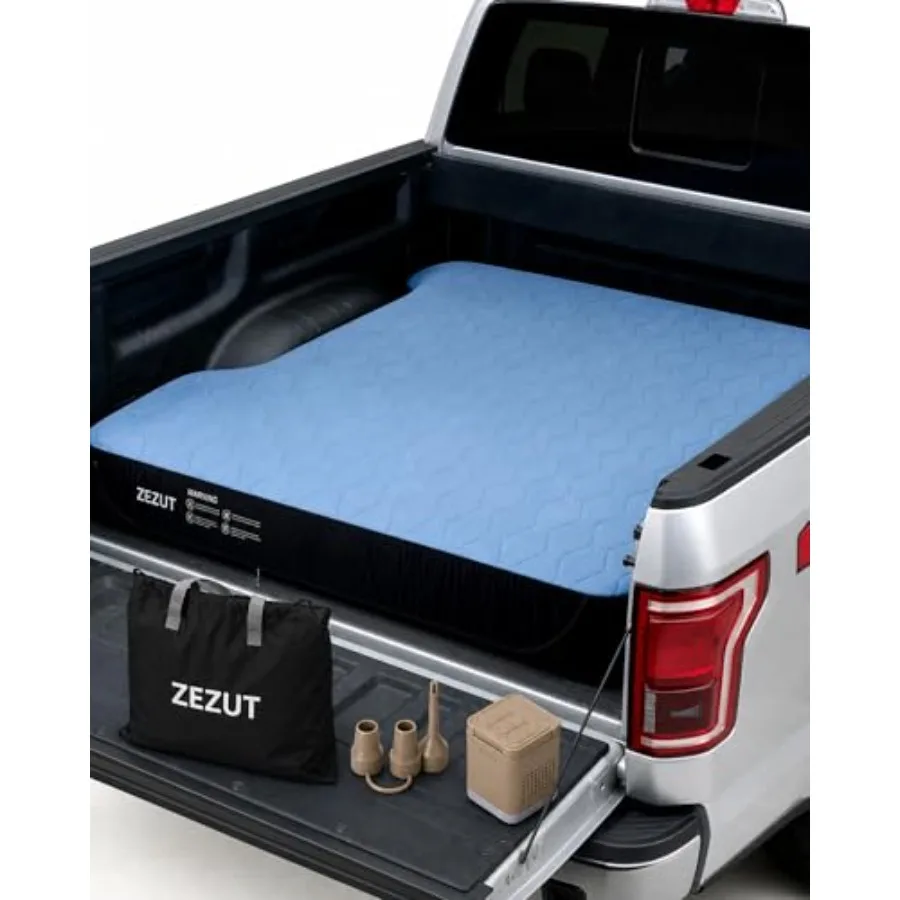 Truck bed air mattress for camping travel: soft fabric cover, built-in rechargeable pump, gray color, durable PVC material