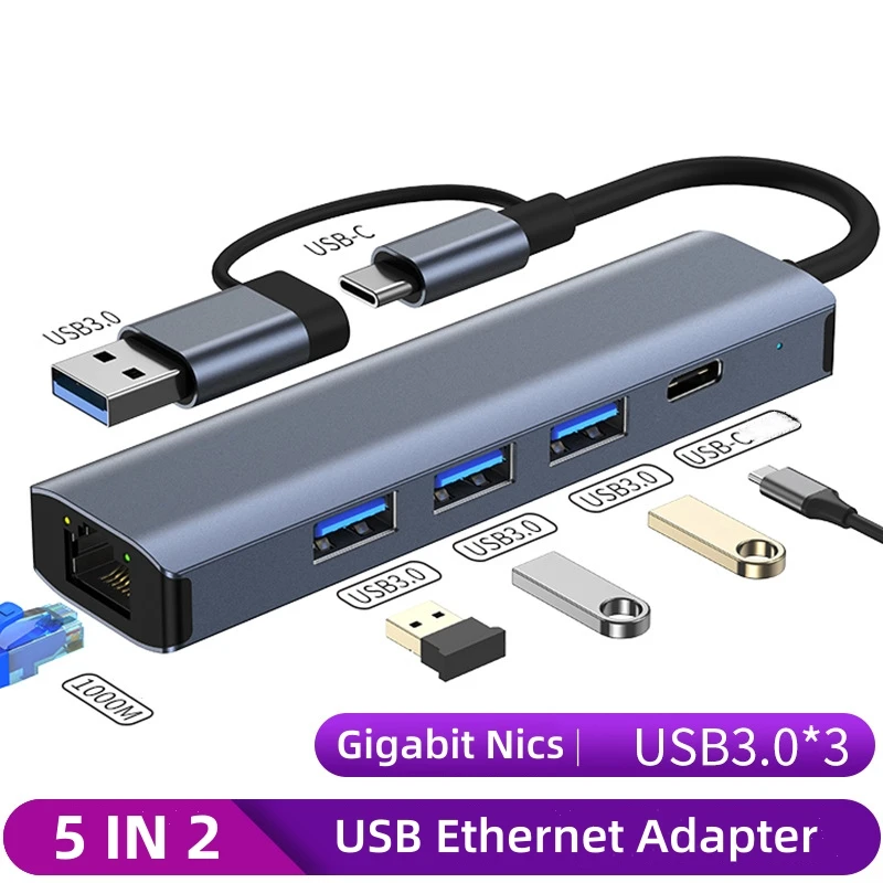 

5 in 2 USB Ethernet Adapter HUB 1000Mbps USB3.0 HUB RJ45 Lan for Laptop PC Xiaomi Box Macbook Windows USB-C HUB NetWork Card