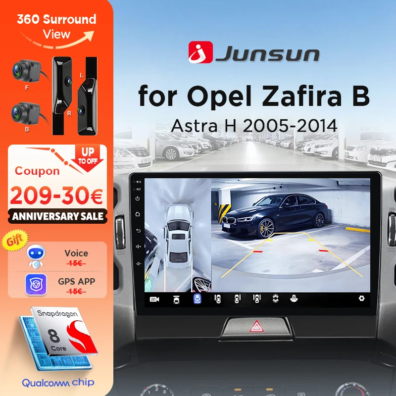 Junsun 360 °   Caméra panoramique autoradio pour Opel Zafira B Astra H 2005-2014 écran CarPlay sans fil Android Auto stéréo GPS Navi