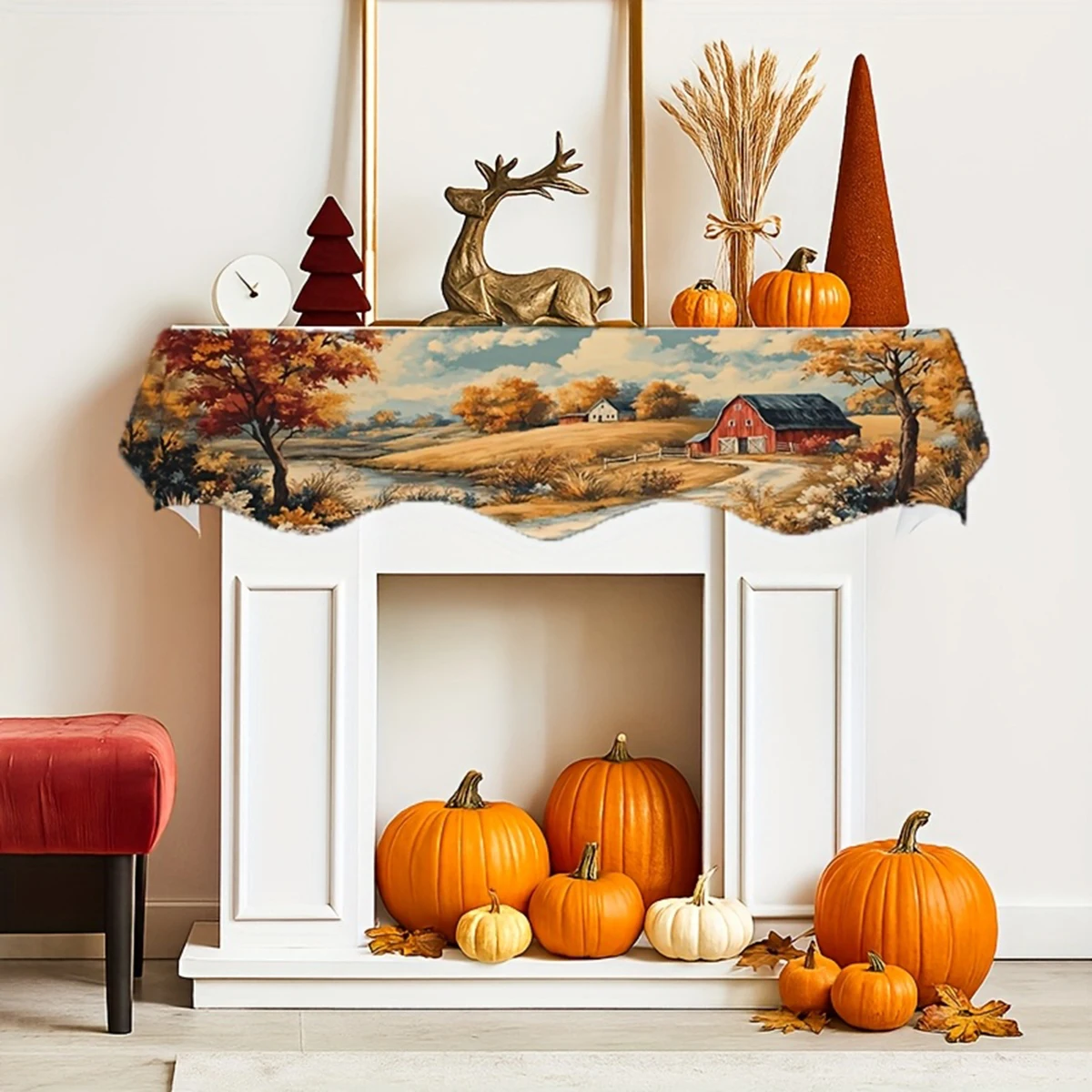 1pcs Holiday Fireplace Scarf - Autumn Harvest Riverside Cottage Theme, perfect holiday decoration, perfect for your home life