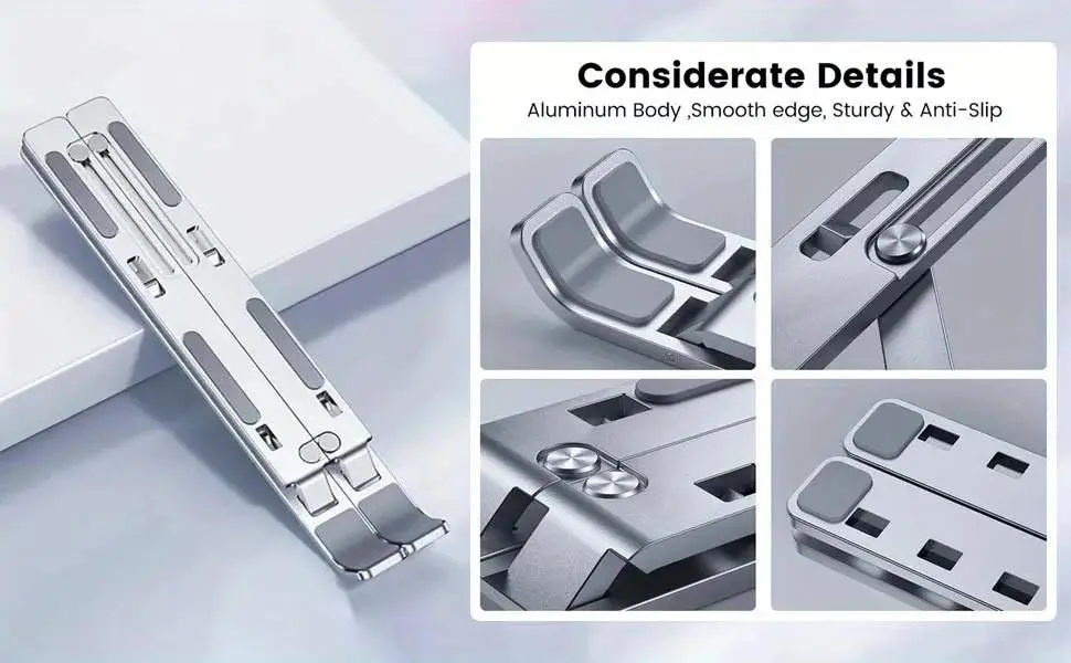 adjustable silver aluminum laptop stand with smooth edges and a sturdy anti-slip design for enhanced stability.