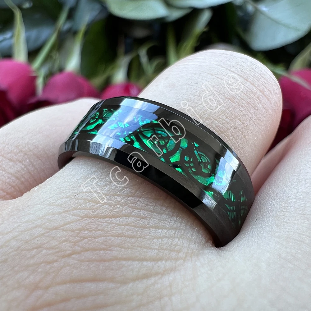 8MM Black Mens Womens Tungsten Carbide Engagement Wedding Ring With Red Opal Dragon Inlay Superior Gift Jewelry Comfort Fit