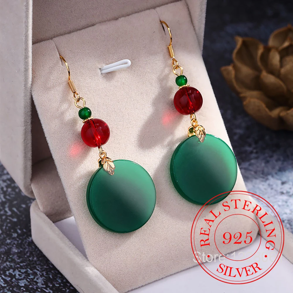 925 Sterling Silver Jewelry Vintage Natural Round Jade Drop Earrings for Women Wedding Party Jewelry Gift