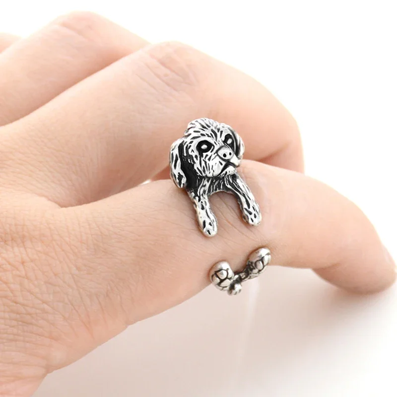 Vintage Silver Color Boho Cute Shih Tzu & Lhasa Apso Dog Puppies Shape Wrap Ring For Women Girl Kids Gift For Pet Lover Jewelry