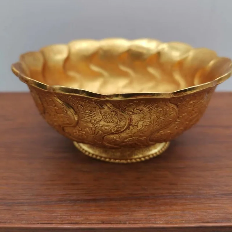 Antique copper bowl, thickened and gilded, from the Tang Dynasty's Zhen Guan period, gold-plated collectible item