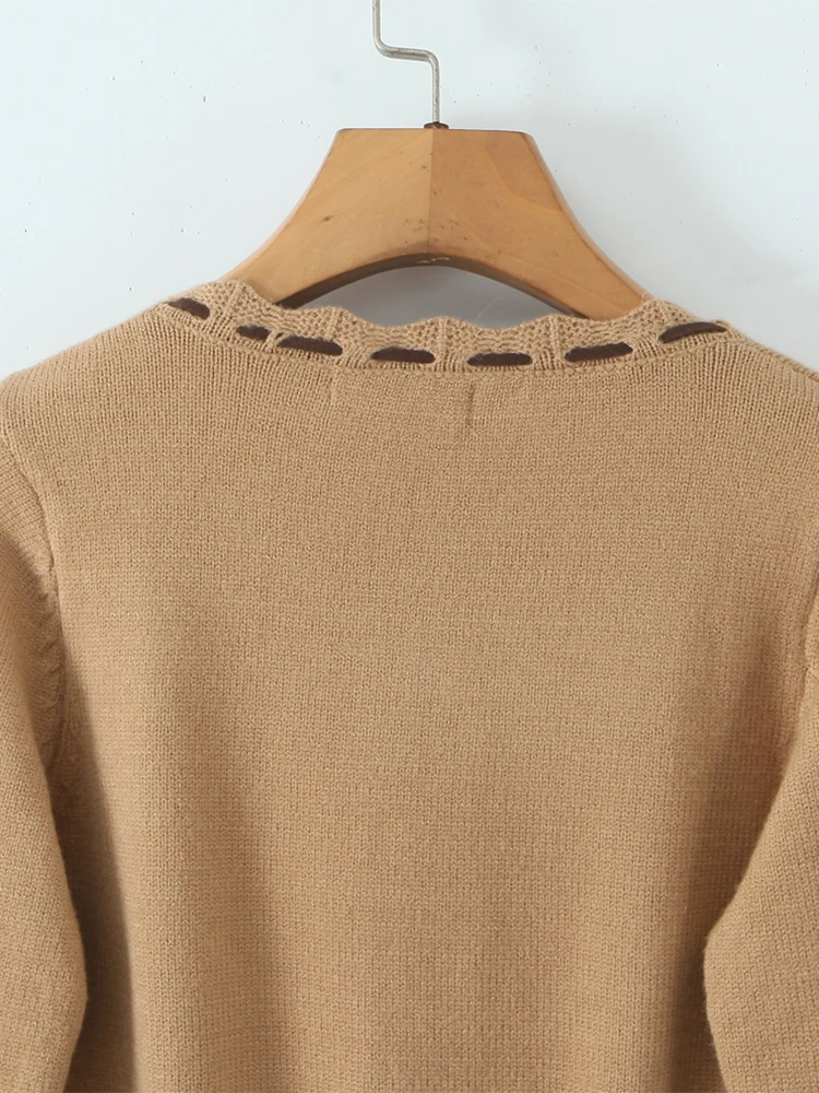 تشو ساو بيوتي 2025 المرأة موضة جديدة الحلو القوس تعادل شيك س الرقبة واحدة الصدر سترة مشغولة من الصوف مثير سليم كم طويل البلوزات #4