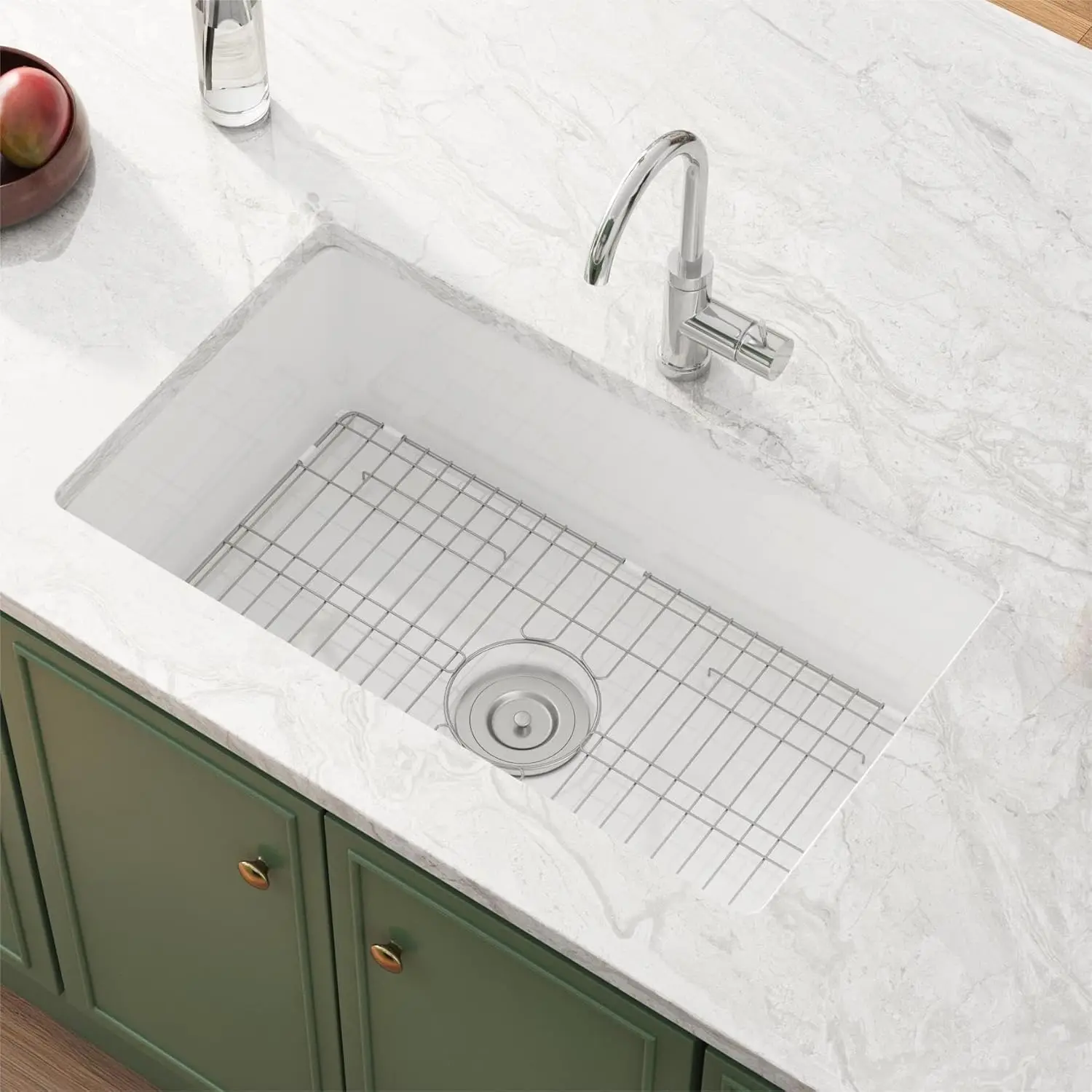

30" x 18" Undermount Fireclay Dual Mount Deep Single Bowl Kitchen Sink - White with Bottom Grid and Strainer Drain