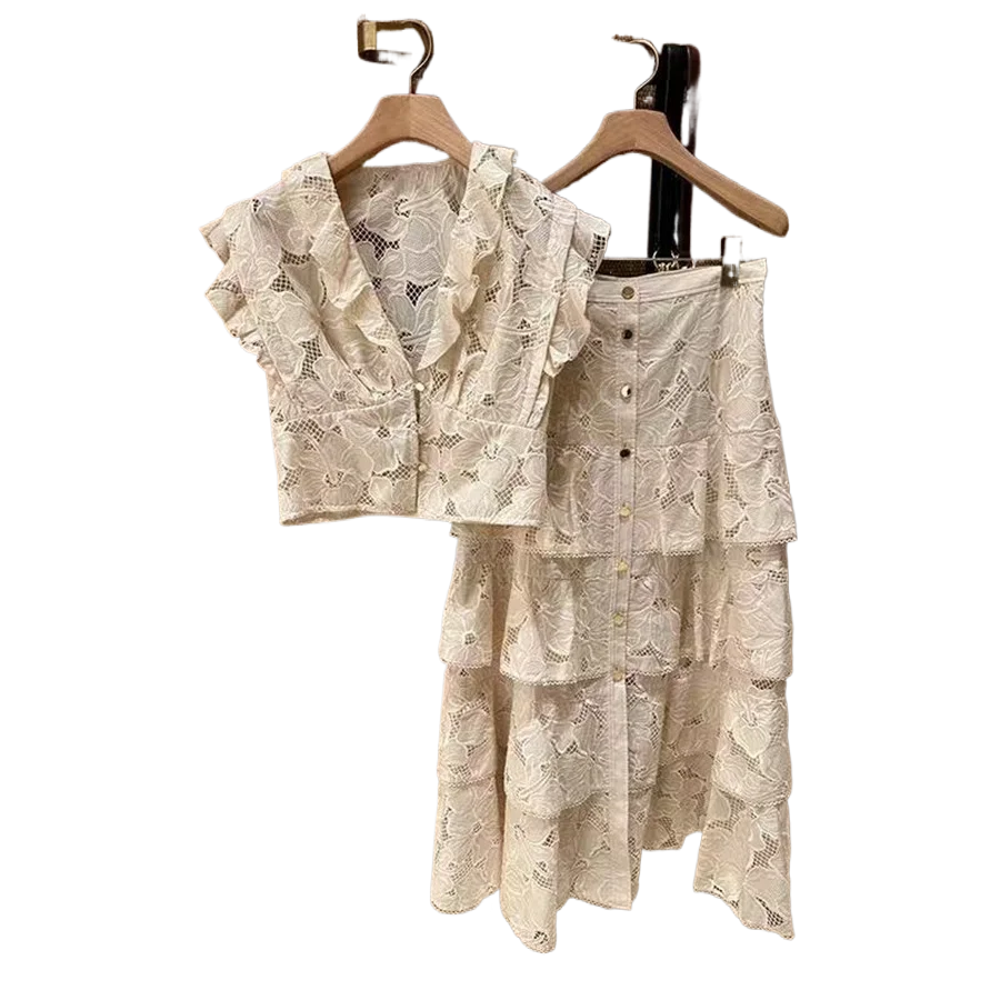 

Women's Two-piece Set Hollowed-out Ruffled V-neck Top Multi-layer Spliced cake Skirt Elegant 2025 Spring and Summer Skirt Sets