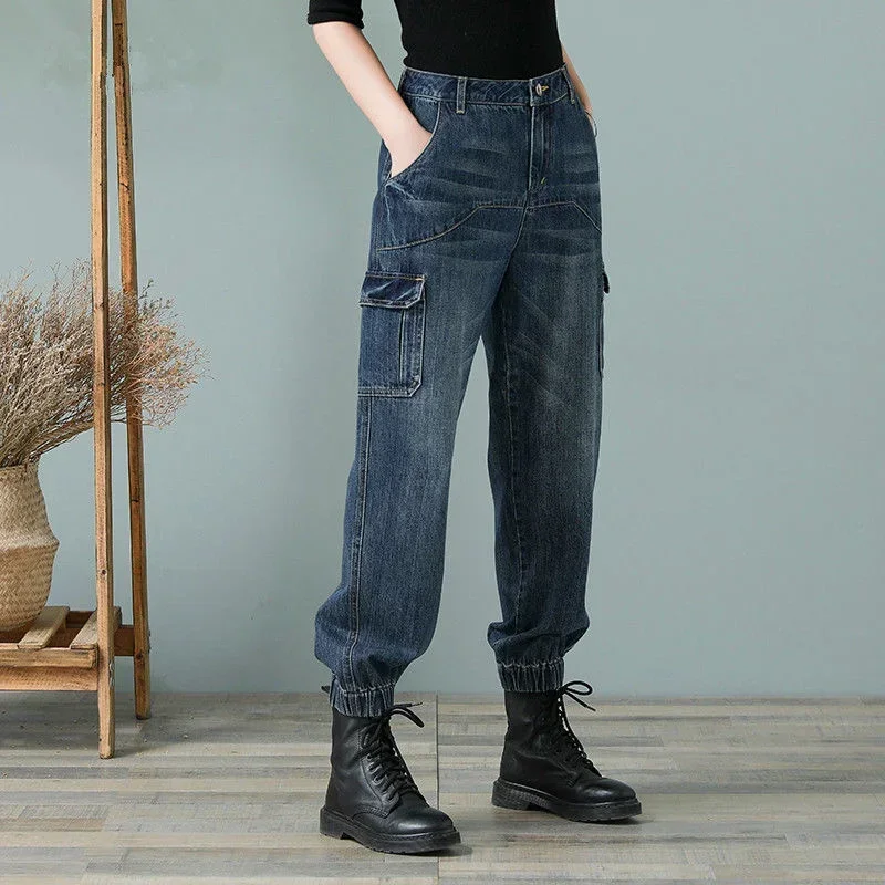 3XL Women's High Waist Cargo Jeans Pockets Wide Leg Denim Pants Spring Loose Casual Plus Size Boyfriend Jeans Harem Pants C444