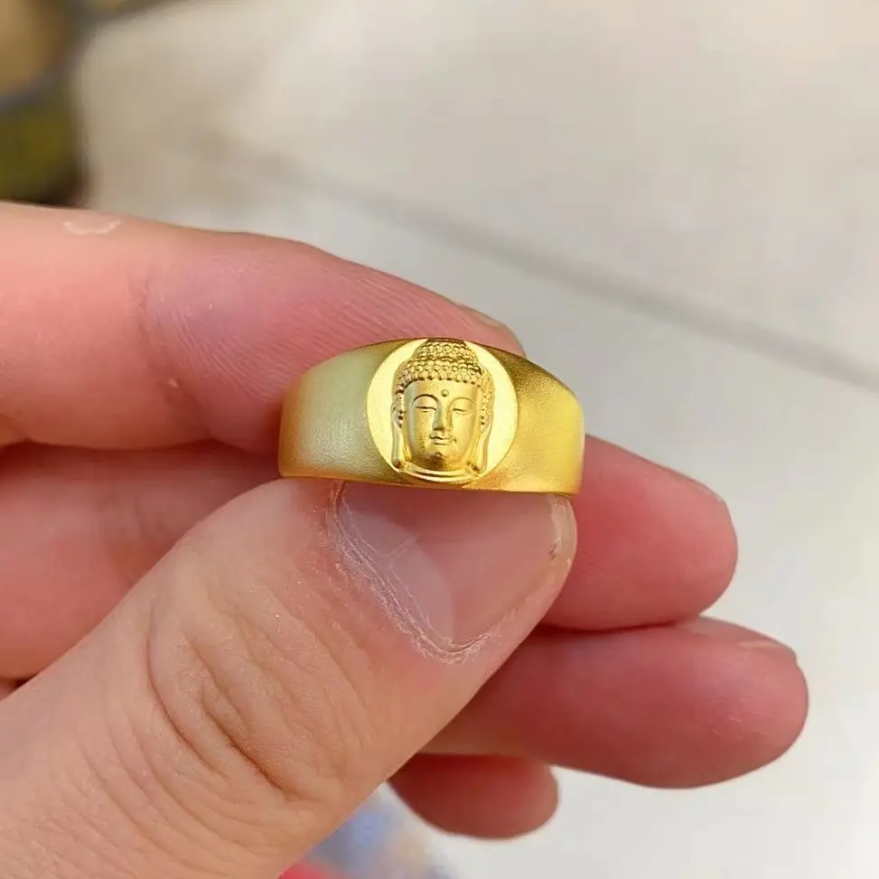 Tibetan Element Ancient Craft Gold Color Relief Good Luck Buddha Head Ring UNISEX A Ring for Your Family Who Believe in Buddhism