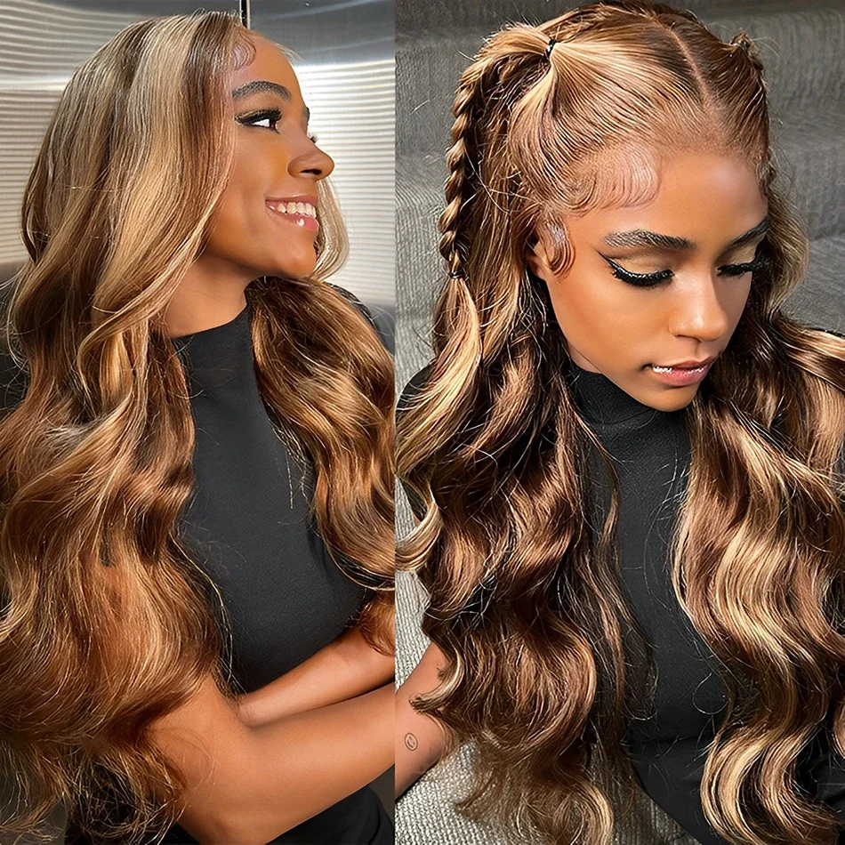 Highlight Wig 100% Human Hair Ombre Brown Lace Frontal Wig Brazilian Bleached Wigs Woman Honey Blond Body Wave Lace Front Wig