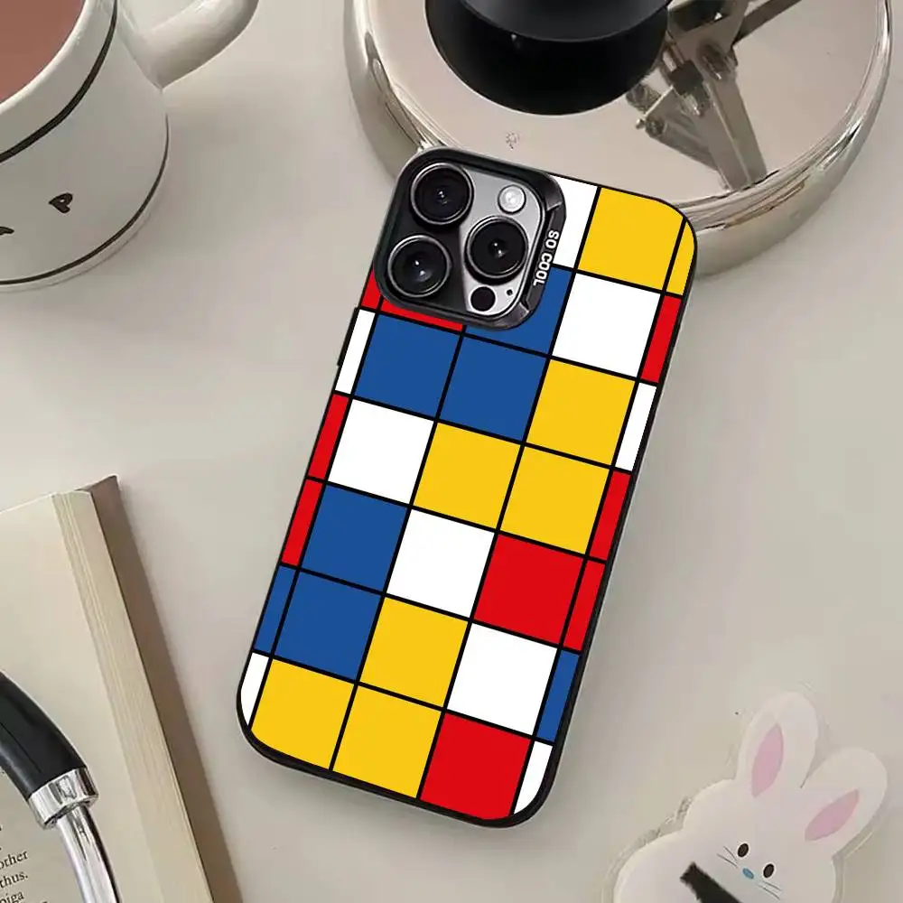 Custodia per telefono con motivo artistico astratto P-Piet M-Mondrian per iPhone 17,16,15,14,13,12,11 Plus,Pro Max, custodia per telefono color argento