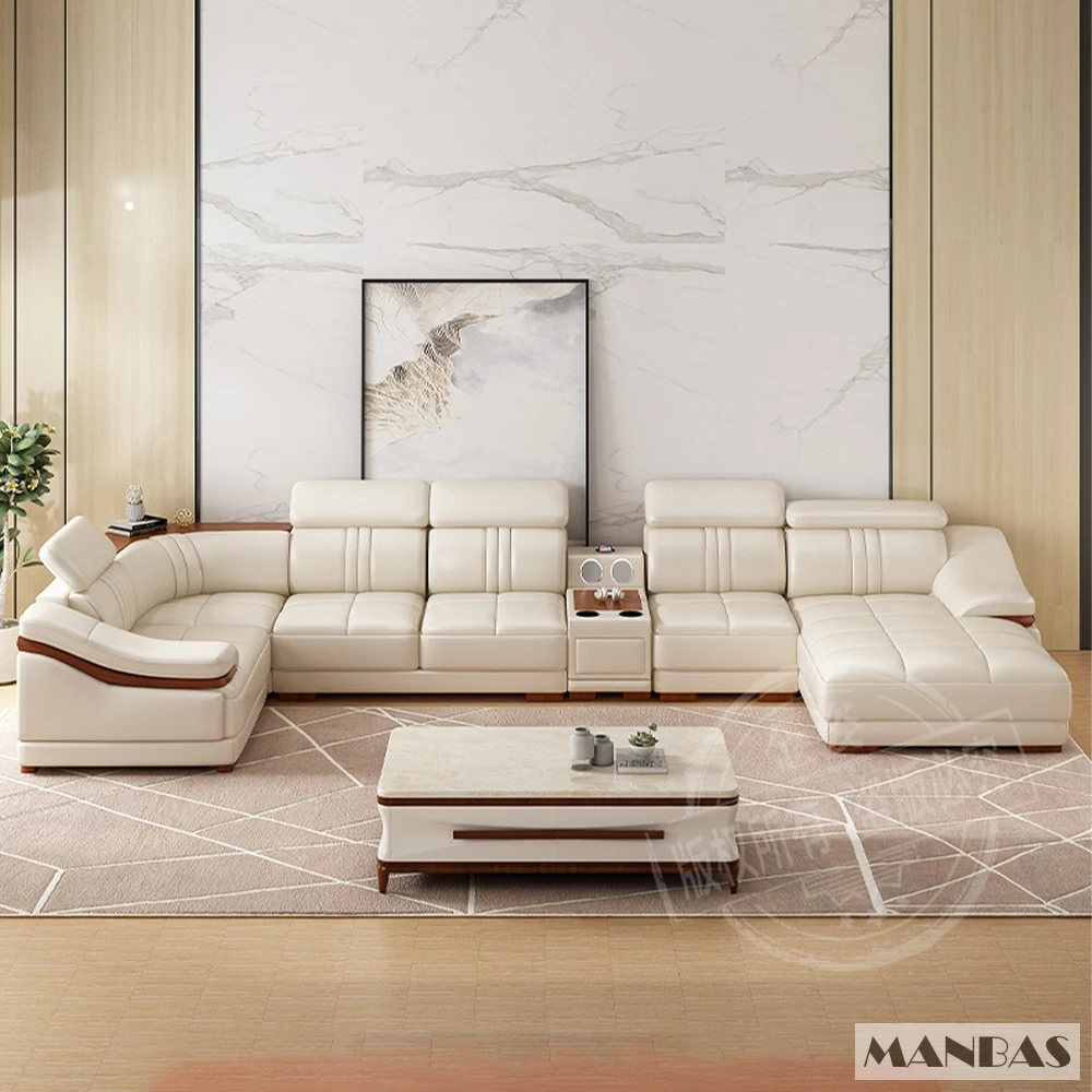 Elegant Leather Sectional Sofas Sets with Cup Holder, Adjustable Headrests & Bluetooth Speaker - MANBAS Living Room Couches