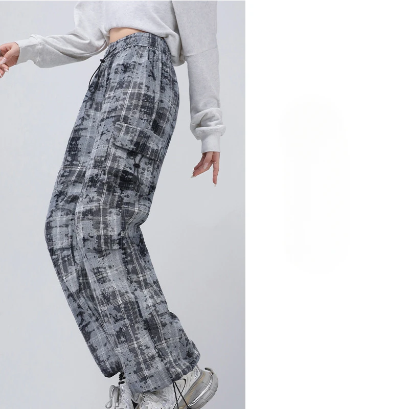 Spodnie damskie i capris inspirowane stylem vintage w kratkę z nadrukiem Tie-Dye z wysoką talią i wąską sylwetką