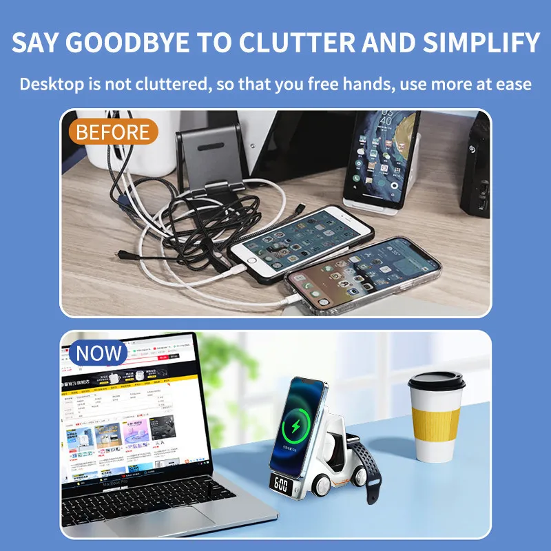 Soporte de carga inalámbrico T20 5 en 1, estación de carga rápida de 15W con alarma y luz ambiental, teléfono, reloj inteligente, escritorio de auriculares