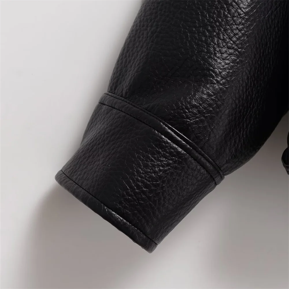 سترة نسائية جديدة غير رسمية متعددة الاستخدامات من الجلد الصناعي بأكمام طويلة وياقة واقفة بلون سادة وفضفاضة