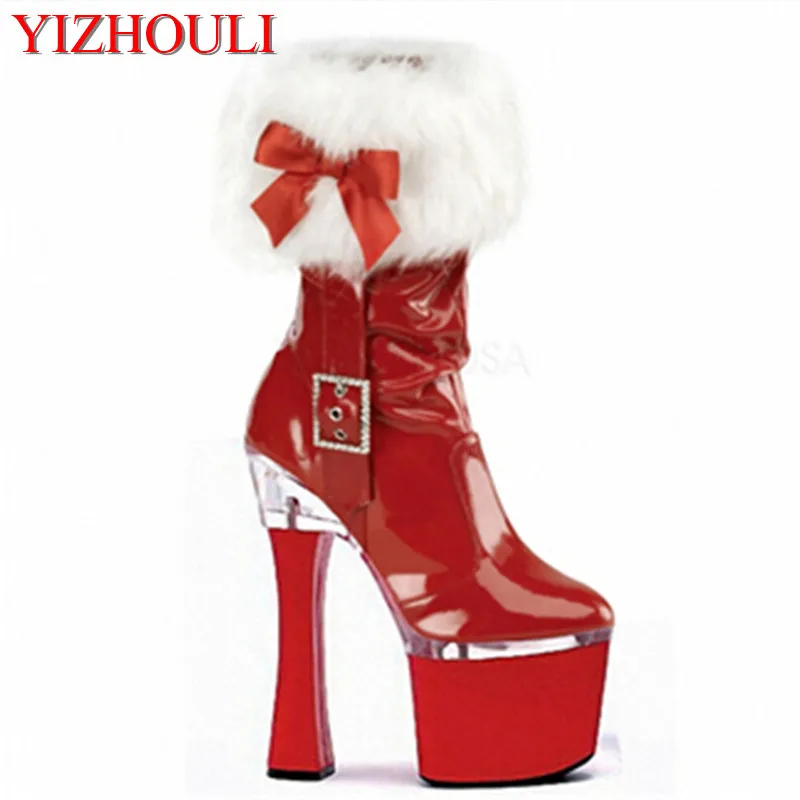 Classic Christmas boots 18-20 cm heels platform shoes decorated with bow feather, stiletto ankle dance shoes