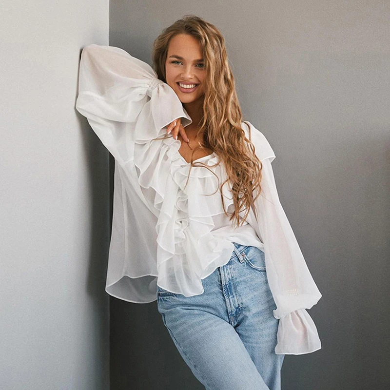 Tornova Ruffled White Chiffon Shirt For Women Loose Casual Solid V Neck Pullover Top 2025 Spring New Female Long Sleeve Shirt