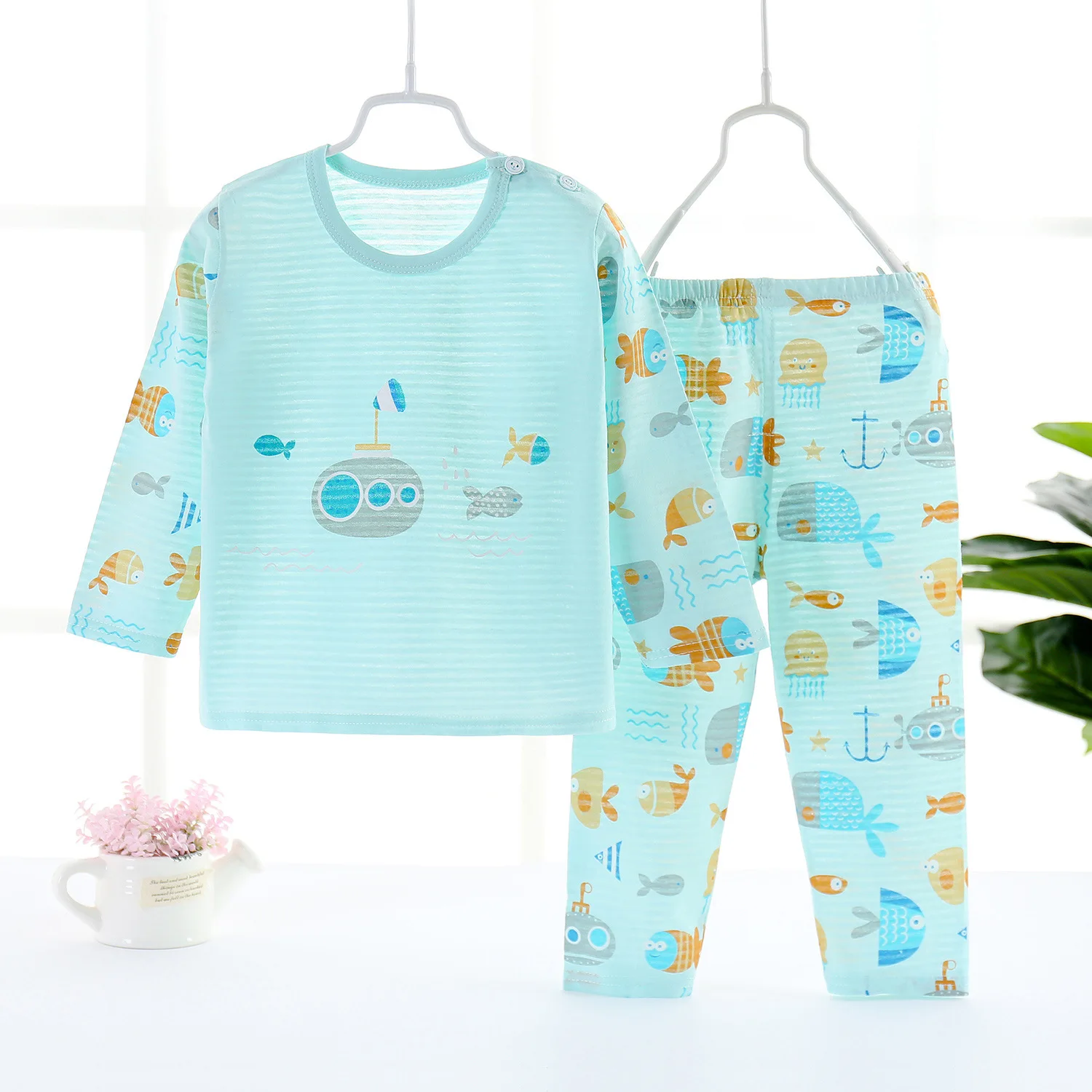 2023 New Summer Children Home Clothes Set Breathable Cotton Long-sleeved Clothes Boys Girls Baby Thin Section Clothing