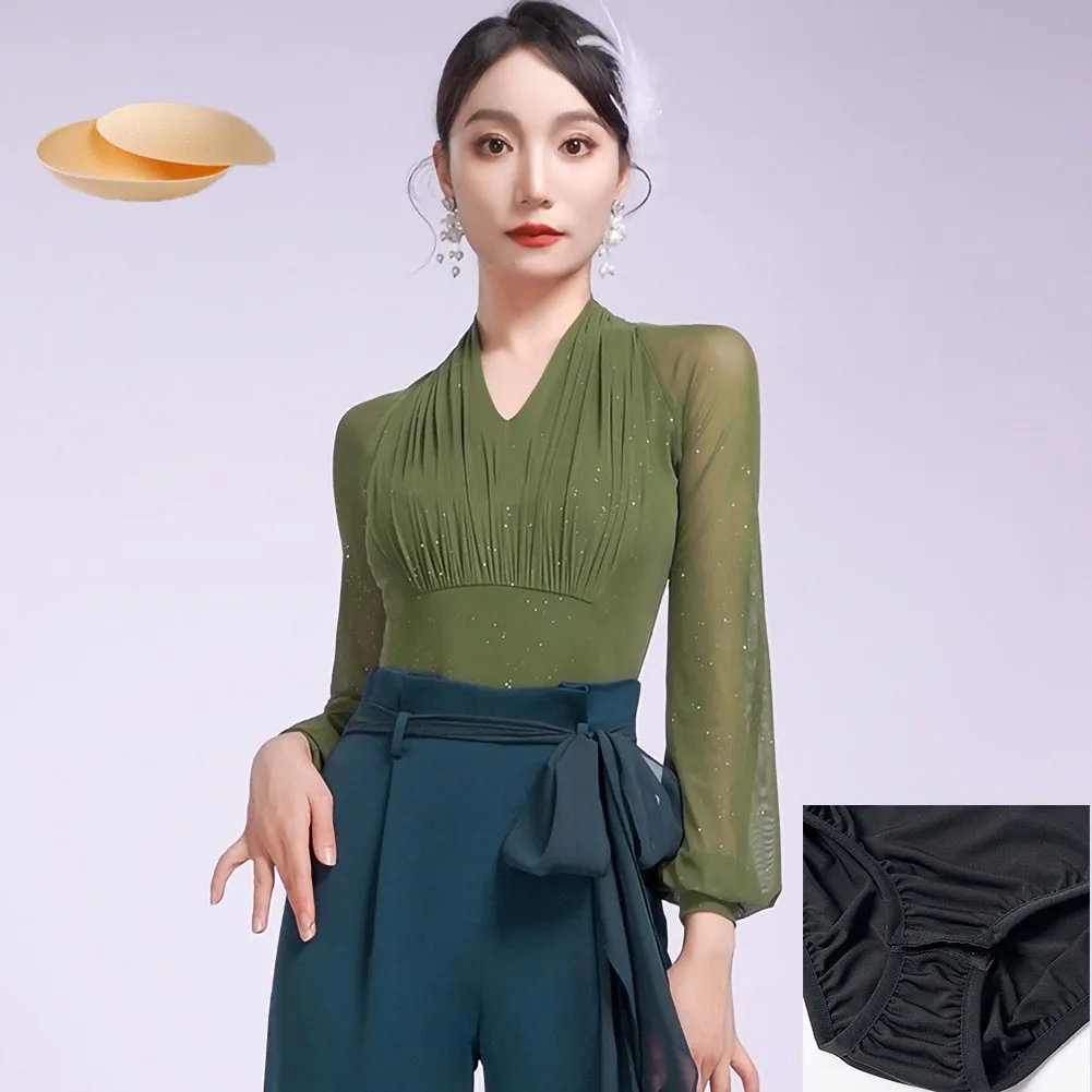 Samba-Top de baile con cuello en V para mujer, ensayo verde oliva, farol de manga larga, encaje negro, vestido de baile para personas mayores, mono rojo té tostado