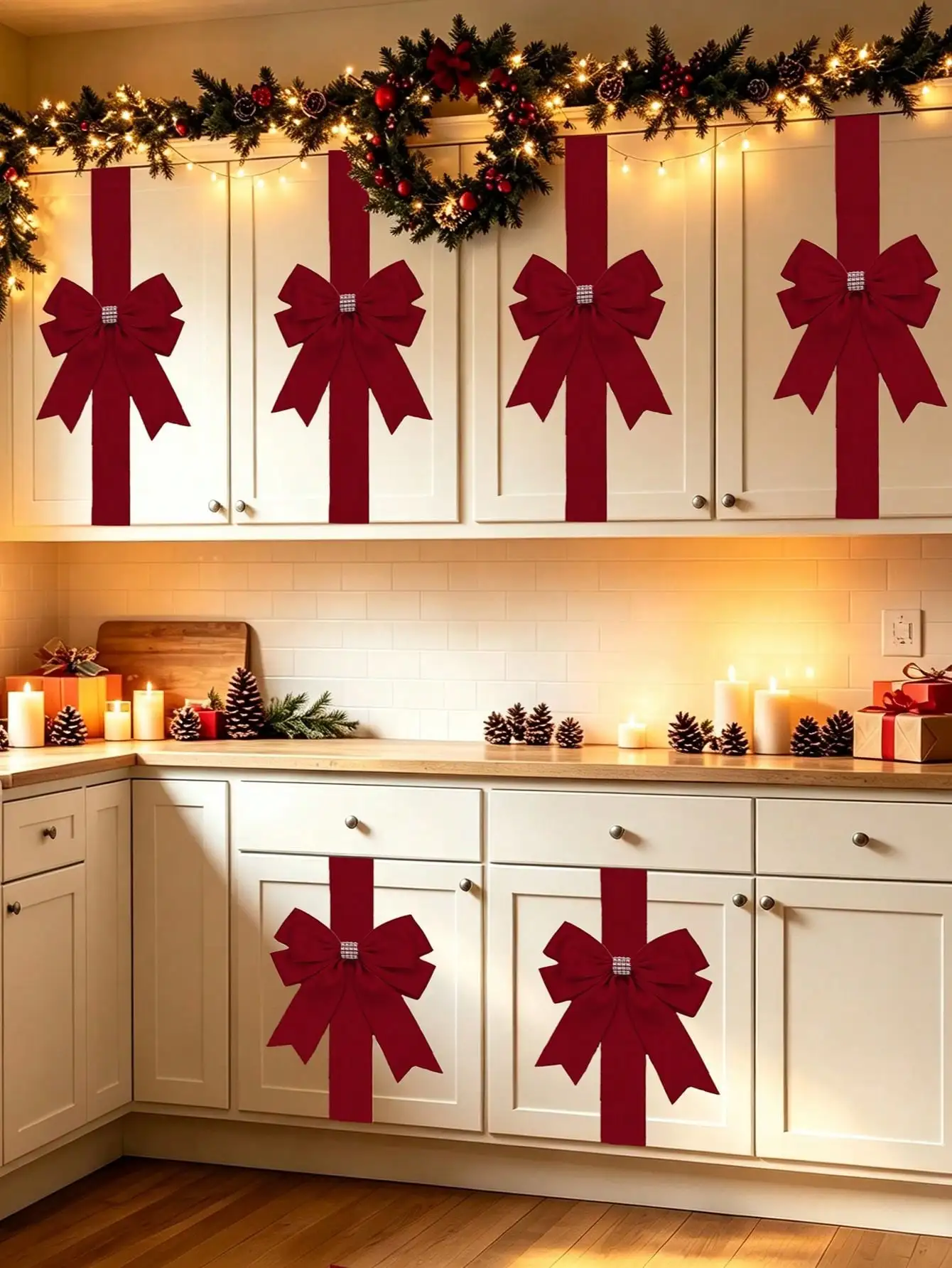6Pcs Christmas Cabinet Bows, Velvet Holiday Ribbon With Rhinestone Buttons, Self-Adhesive Xmas Bowknots For Home Door/Party Decor, Premium Festival Decorations