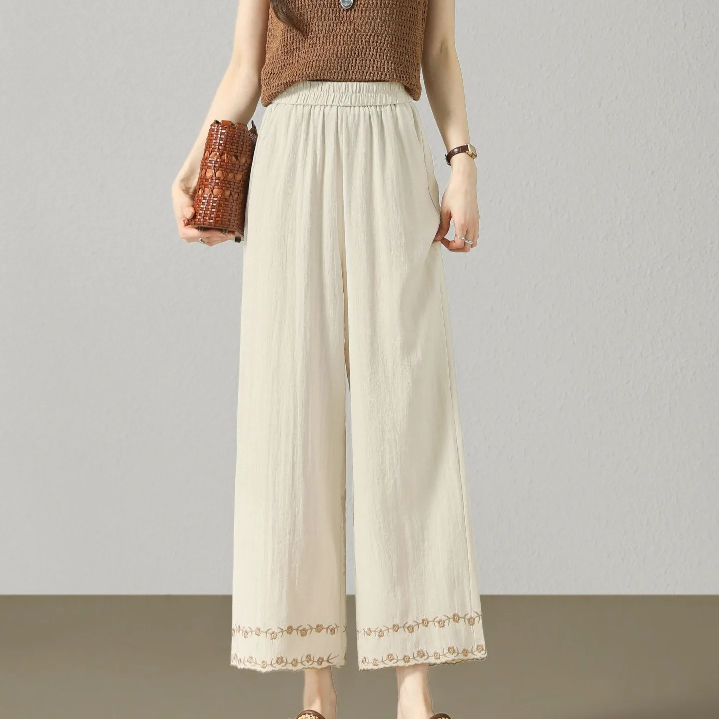 

Ladies Casual Cotton Linen Wide Leg Pants Summer New Style Embroidered Thin Nine Points Casual Pants Comfortable Loose Fit