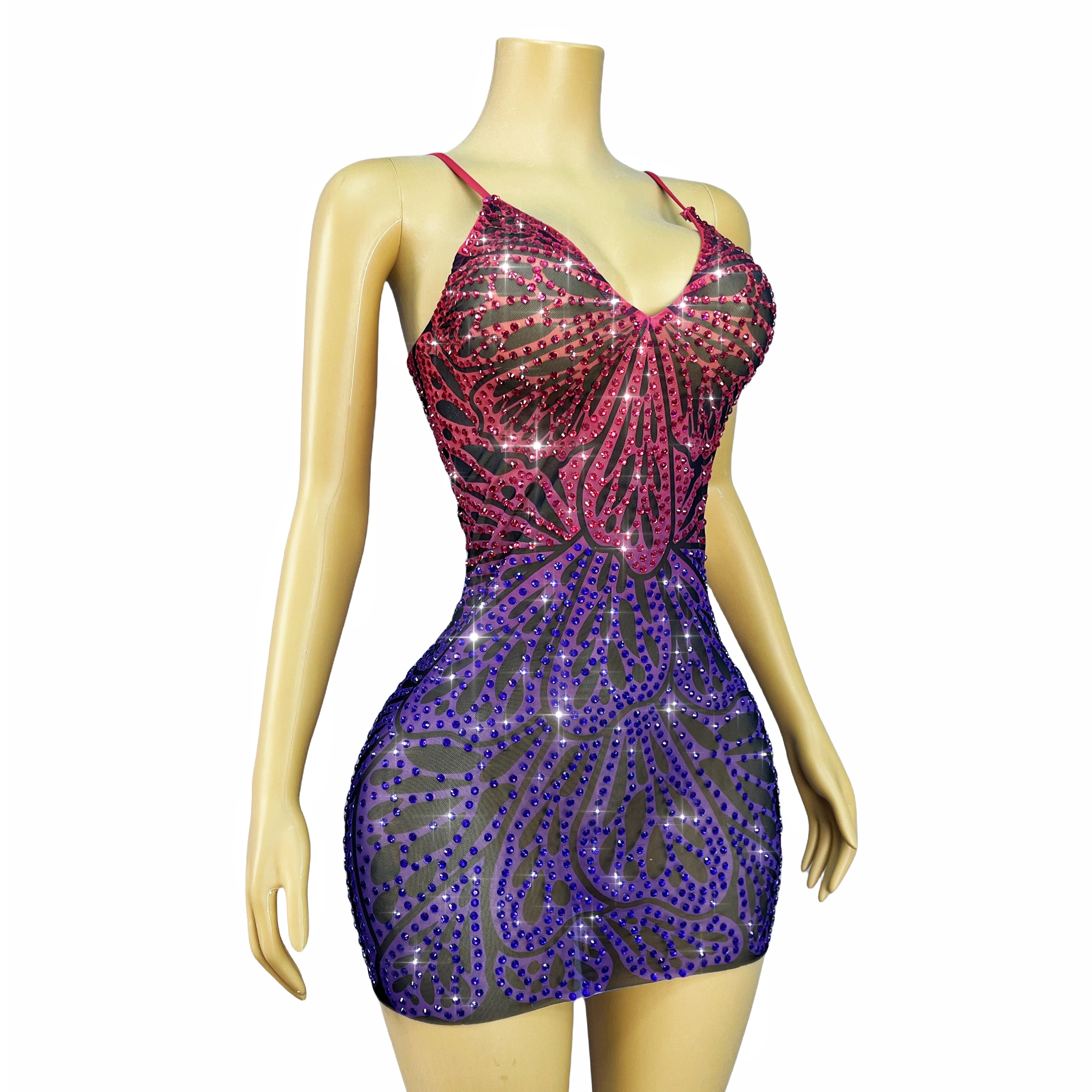 Sexy Blingbling Butterfly Parttern Rhinestones Suspenders Mesh Dress Women Holiday Birthday Party Celebrate Show Stage Outfit