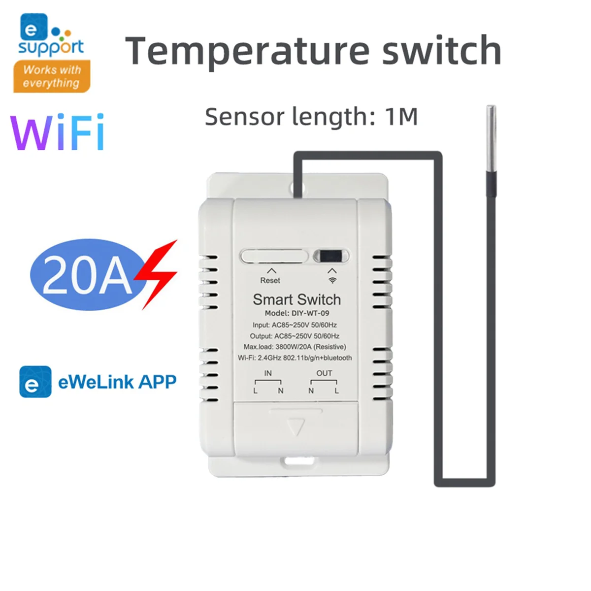 Interruptor de temperatura WiFi A93P con Sensor de 1M EWelink WiFi inteligente 20A interruptor de temperatura del termostato compatible con Control de voz