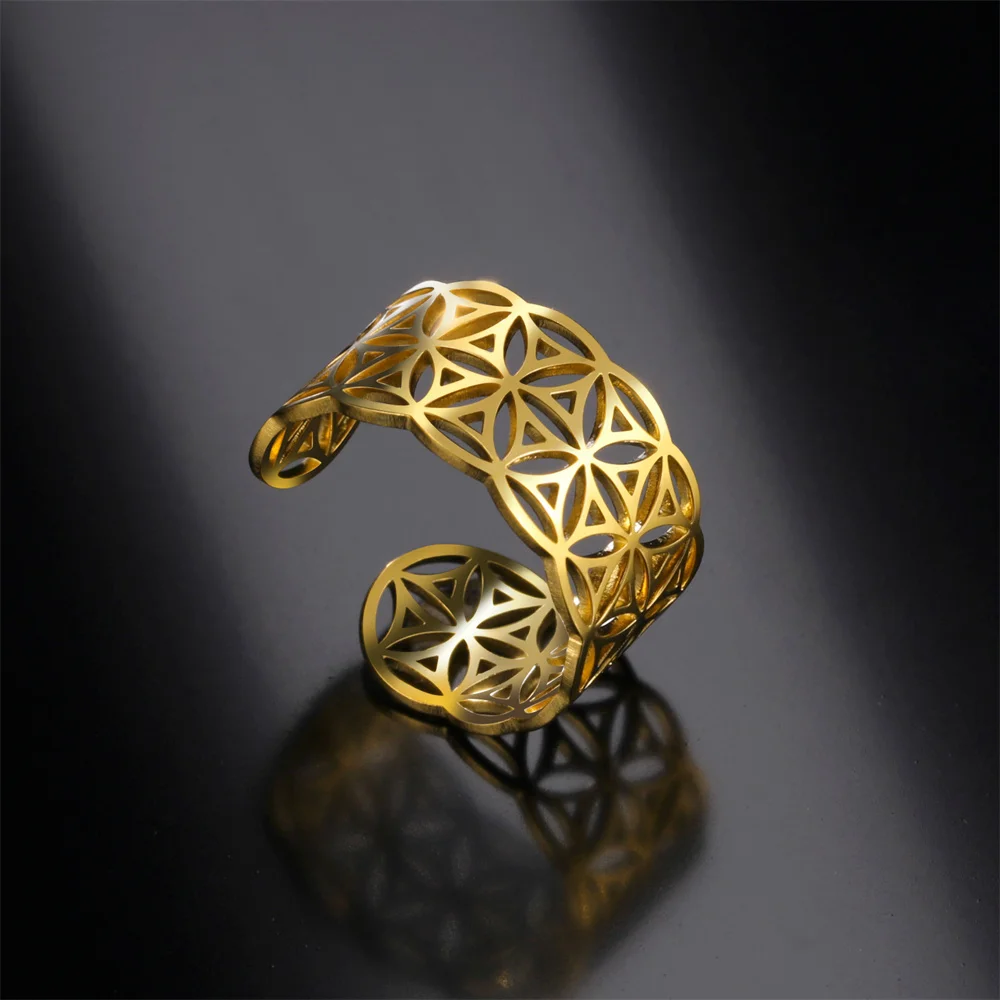 Vintage Egyptian Flower of Life Geometric Opening Adjustable Wide Ring Wedding Anniversary Gift for Women