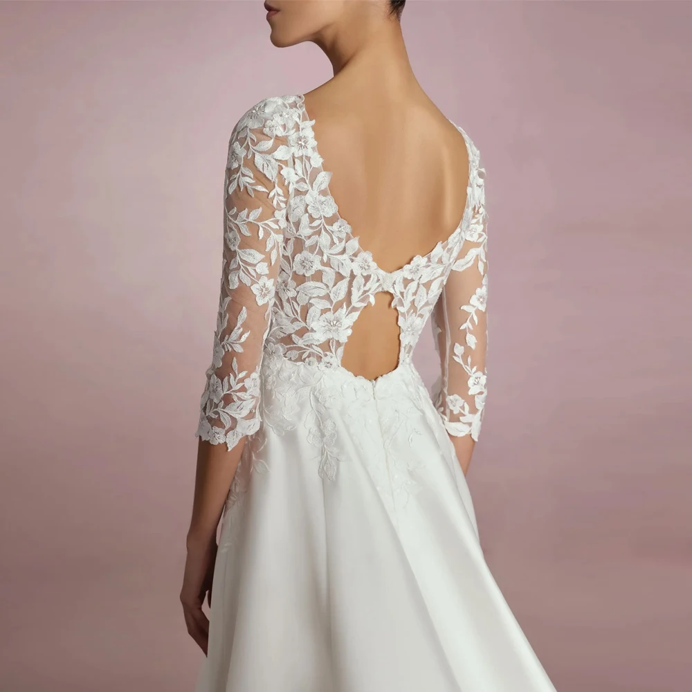 Fashion V Neck Wedding Dresses A Line Bridal Grown Three Quarter Sleeves Customized Applique Lace Open Back Vestidos De Novia