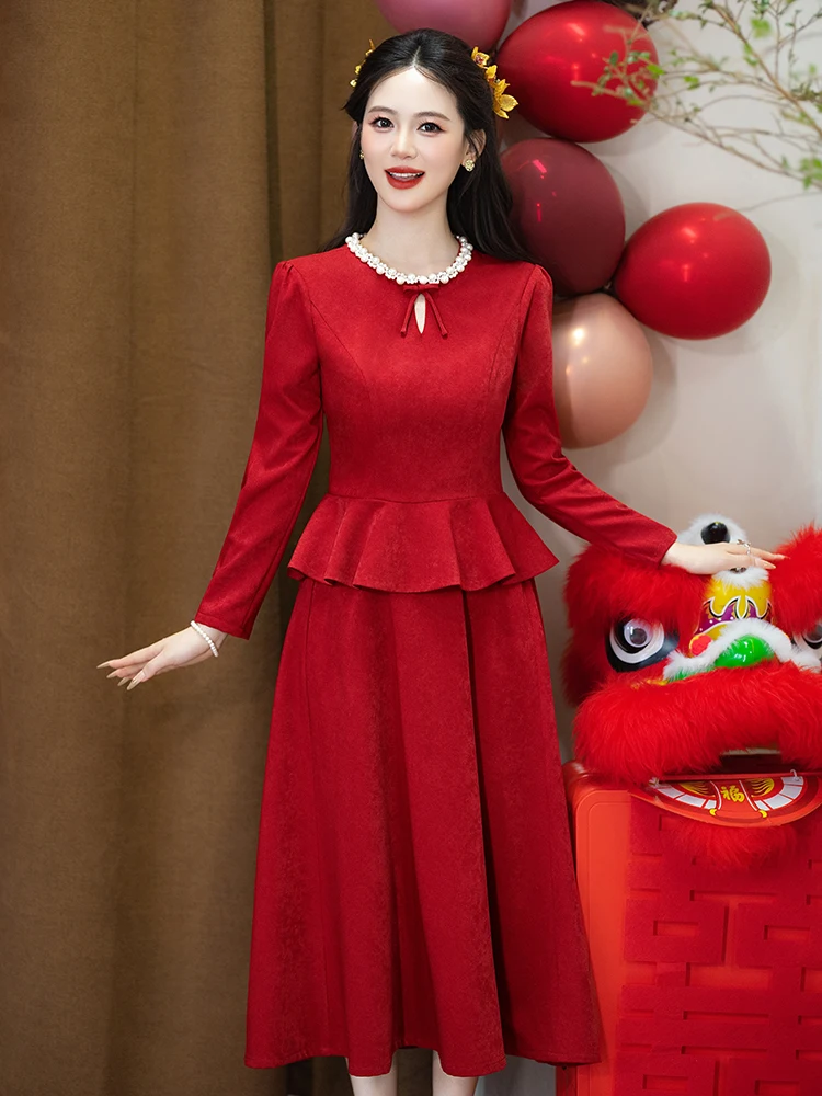

Red Long Sve Marriage Dr Set New Chinese Sle Two-Piece Suit Wedding Ceremony Return Home Casual Long Dr