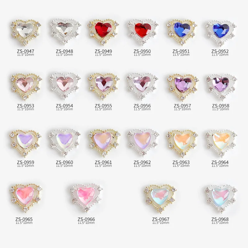 10PCS Nail Art Alloy Gold Silver Hollow Macaron Heart Rhinestone Gem Accessories Luxury French Princess Metal Decoration Charms