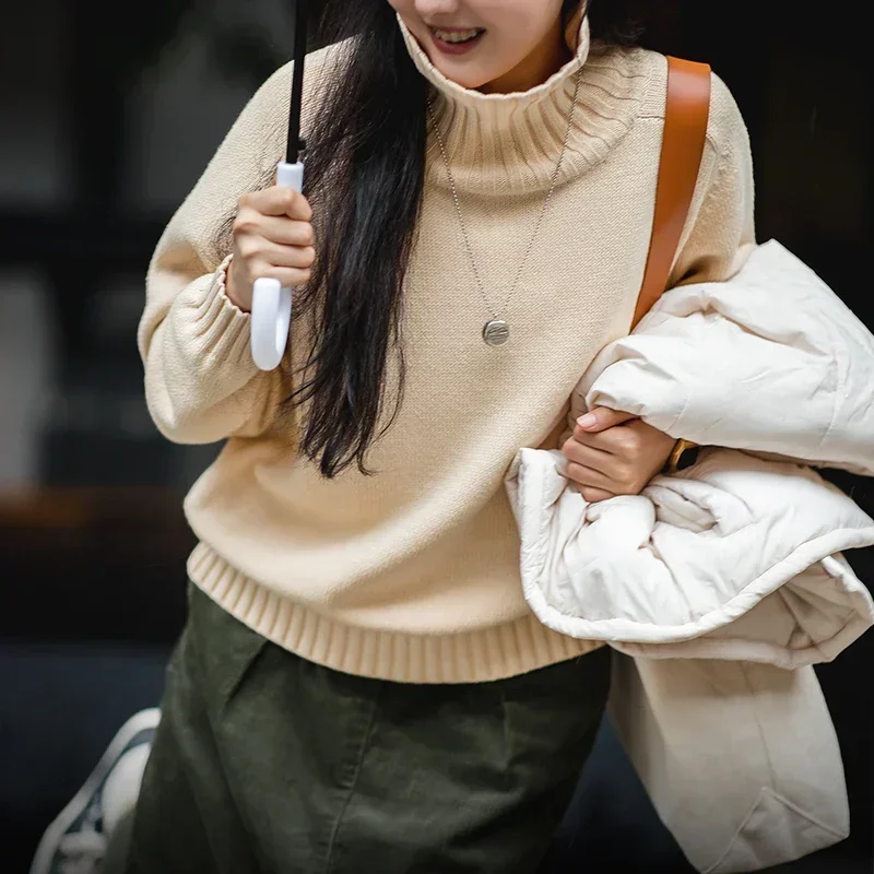 MADEN Women High-neck Sweater 2024 Autumn Winter Thickened Warm Knitwear Wheat Sheaf Texture Sweater Beige Pullover Tops