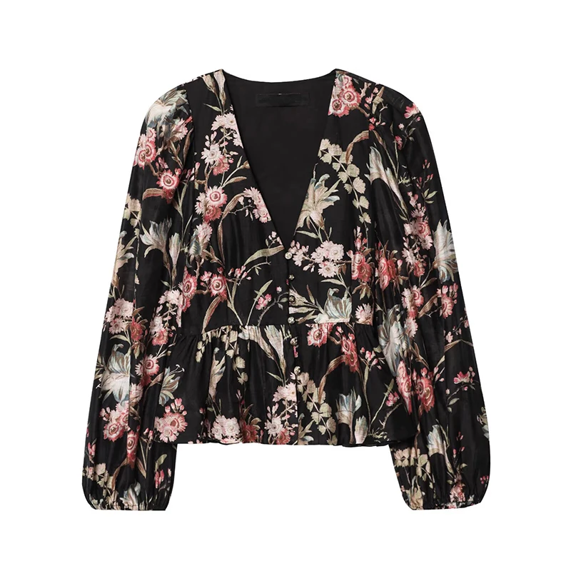 

YENKYE New 2026 Women Vintage Floral Print Long Sleeve V Neck Blouse Casual Spring Summer Tops