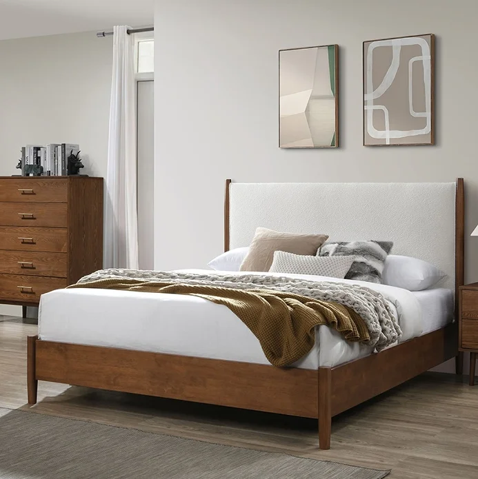 #Walnut Color Panel Headboard Beige 1pc Full Size Adjustable Convertible Bed Oak Mattress Ready Modern Style