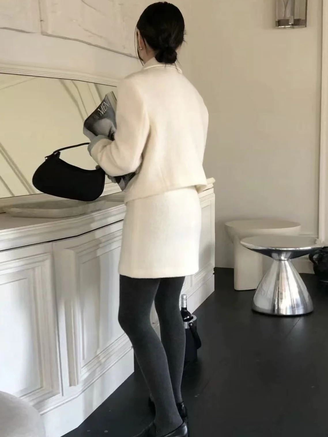 한국 슬레 오트 플란넬 재킷 싱글 버튼 시크 아웃핏 엘레 스커트 여성 패션 세트 겨울 성인 여성용