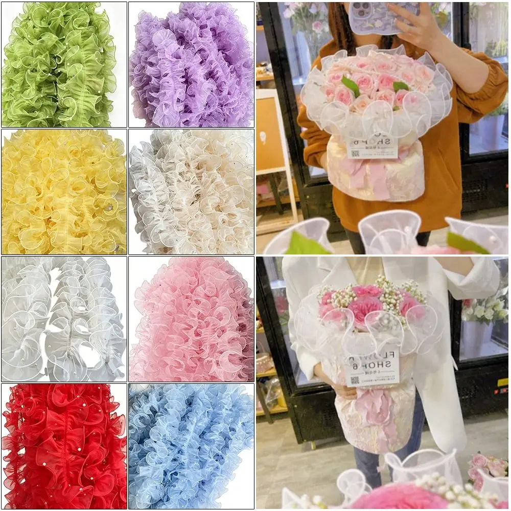 11cm Wide Organza Beaded Ribbon 1 Yard Wave Ruffle Edge Pleated Lace Trim Flower Lace Pearl Fabric Edge Encrypted Pleated Bead