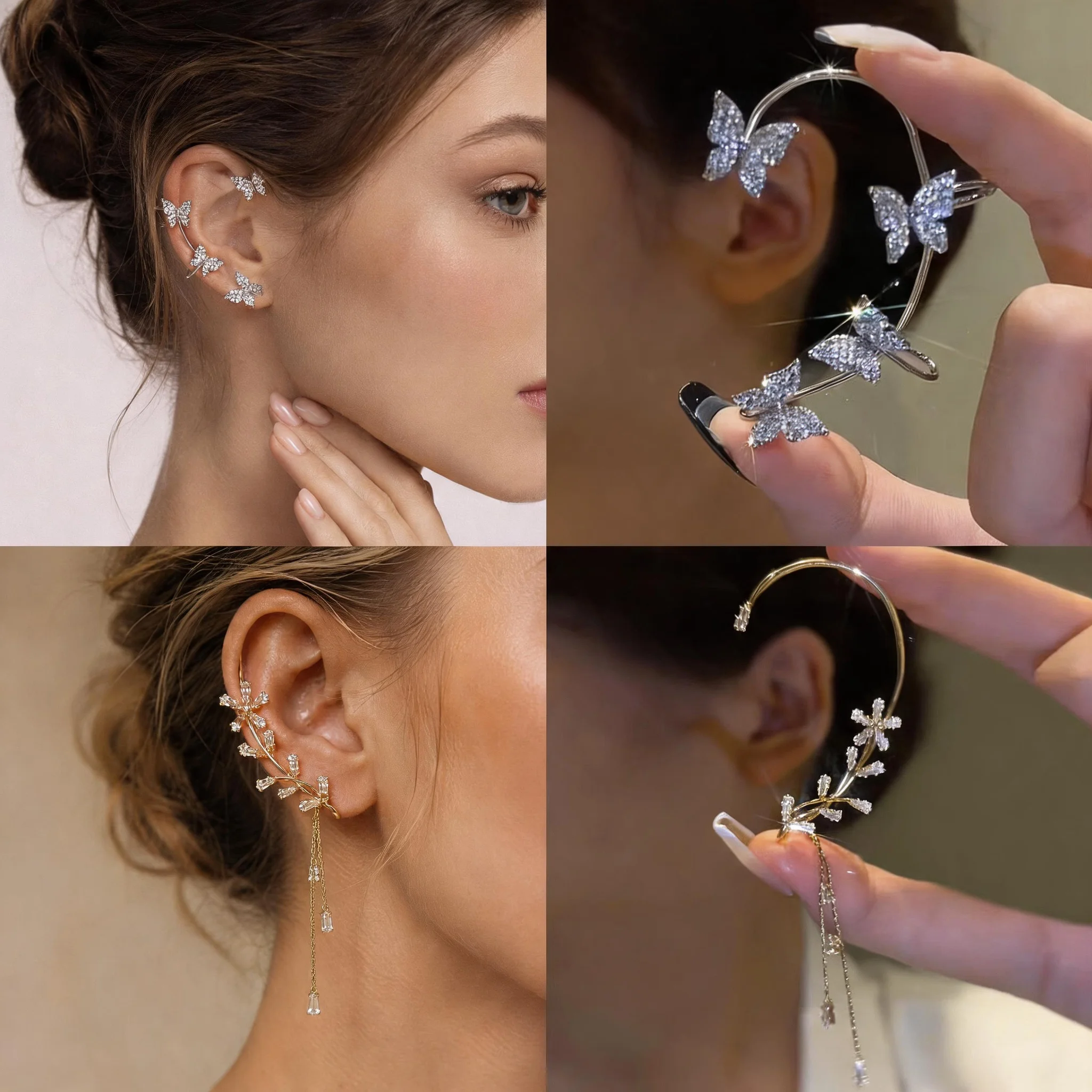 Elegant Long Tassel Butterfly Ear Cuff for Women, Sparkling Zircon Clip Earrings, No Piercing Party Ladies Jewelry Gift