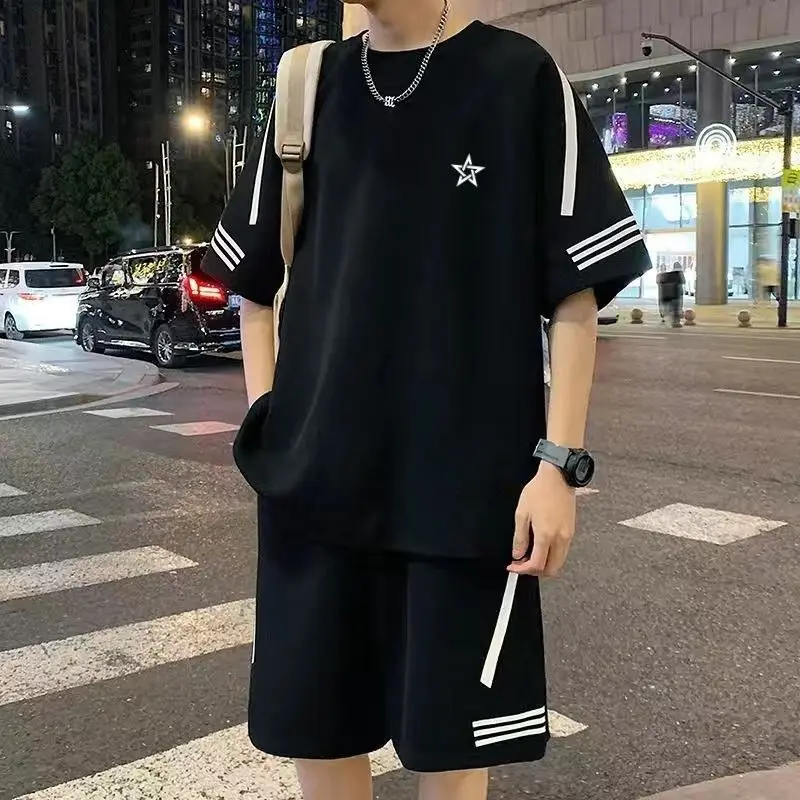 Men's Streetwear Summer O-neck T Shirt Shorts Sets Striped Prints Breathable Unisex Outfit 2pcs Set Casual Sportswear Tracksuit
