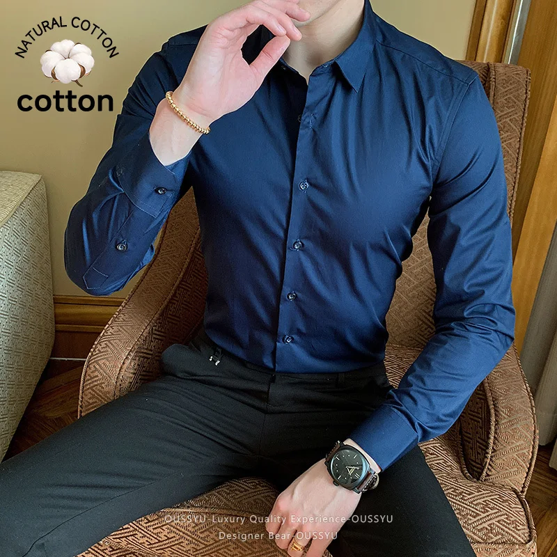 Camisa Social Masculina de Luxo Branca de Manga Longa Slim Casual com Botões para Escritório e Trabalho Tamanhos Grandes S-8XL